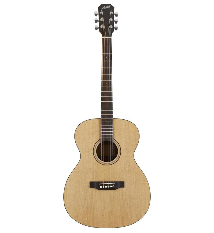 Austin AA25OS acoustic orchestra guitar front view natural finish, Side profile of Austin AA25OS compact acoustic guitar, Austin AA25OS acoustic orchestra guitar front view natural finish, Side profile of Austin AA25OS compact acoustic guitarClose-up of Austin AA25OS techwood fingerboard and inlay, Austin AA25OS open pore finish acoustic guitar for beginners