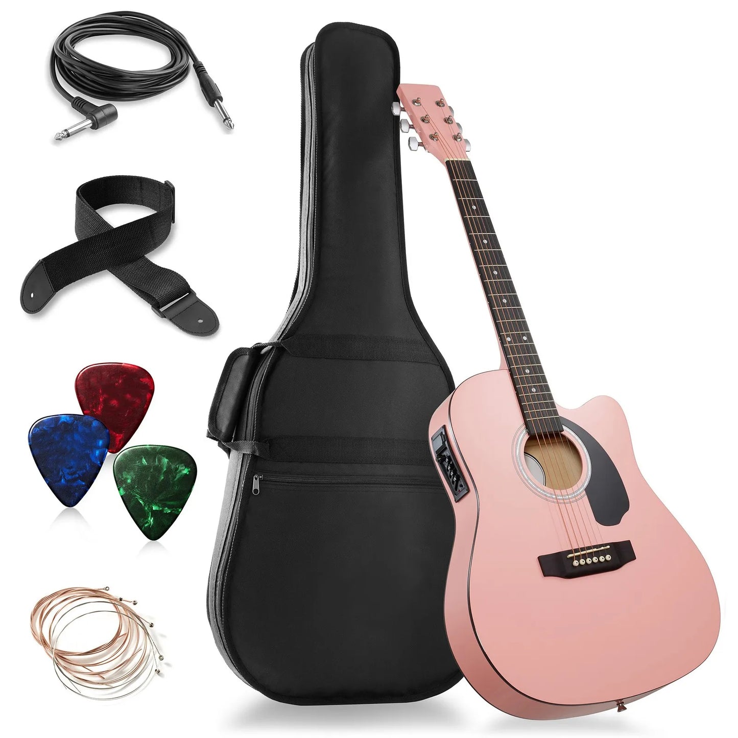 Full‑Size Thinline Cutaway Acoustic‑Electric Guitar – Pink with EQ & Gig Bag