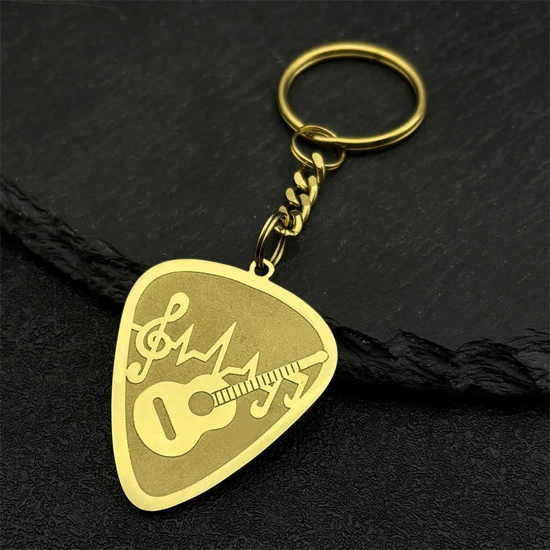 Hip-Hop Guitar Pick & Bass Note Necklace – Gold-Plated Stainless Steel Music Pendant