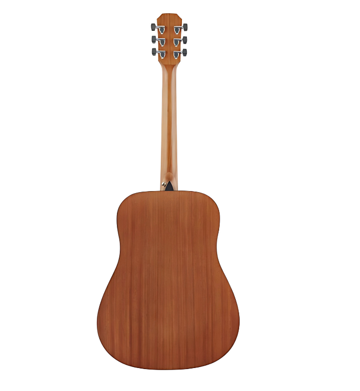 Back view of mahogany body on Austin AA25DSSB guitar, Close-up of Austin AA25DSSB techwood fingerboard and inlay