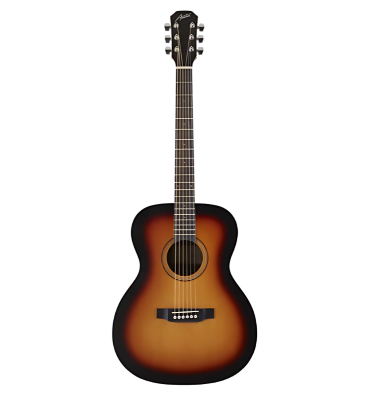 Austin AA25OSSB acoustic orchestra guitar sunburst front view, Side view of Austin AA25OSSB compact body acoustic guitar