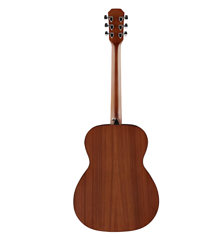 Back view of mahogany sunburst AA25OSSB guitar, Close-up of techwood fingerboard with mother of pearl inlay
