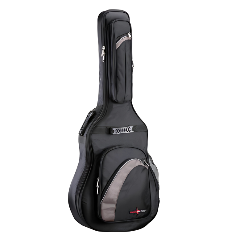 Union Station USB-25C classical guitar gig bag front view, USB-25C padded guitar bag with backpack straps, USB-25C gig bag with accessory pockets for classical guitars, Side view of USB-25C gig bag showing 25mm padding, USB-25C durable gig bag for student and casual guitarists