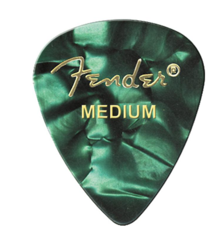 Fender Green Moto medium guitar picks 12-pack front view, Fender 351 shape green celluloid picks close-up, Fender Green Moto pick on guitar strings medium gauge,Pack of 12 Fender Green Moto picks in classic 351 shape,Fender medium guitar picks for acoustic and electric guitars