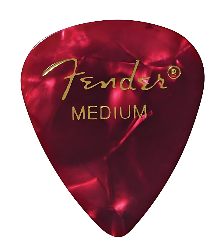 Fender Red Moto medium guitar picks 12-pack, Close-up of Fender 351 red celluloid guitar pick, Medium gauge red picks for acoustic and electric guitar, Fender Red Moto picks with classic 351 shape, Pack of 12 Fender Red Moto guitar picks on wood background