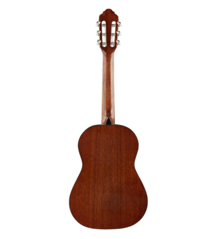 Back view of Austin AC312N with mahogany finish, Austin AC312N headstock with DAddario strings, Austin AC312N nylon-string guitar with mosaic rosette detail