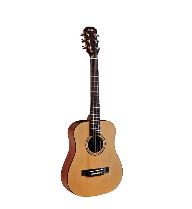 Austin AM30DSS travel-size dreadnought acoustic guitar front view, Compact dreadnought AM30DSS guitar side profile with natural finish, Back view of AM30DSS travel guitar with mahogany body, Austin AM30DSS guitar with padded gig bag, Close-up of techwood fingerboard and maple binding, Austin AM30DSS open pore finish small body acoustic guitar