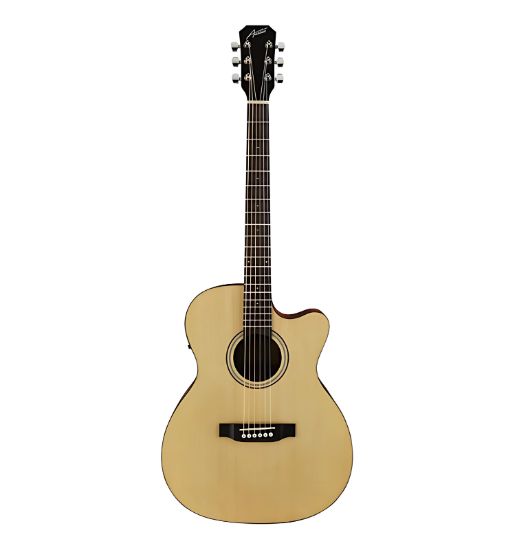 Austin AA25OSEC acoustic-electric orchestra guitar front view, Cutaway body of Austin AA25OSEC with natural satin finish