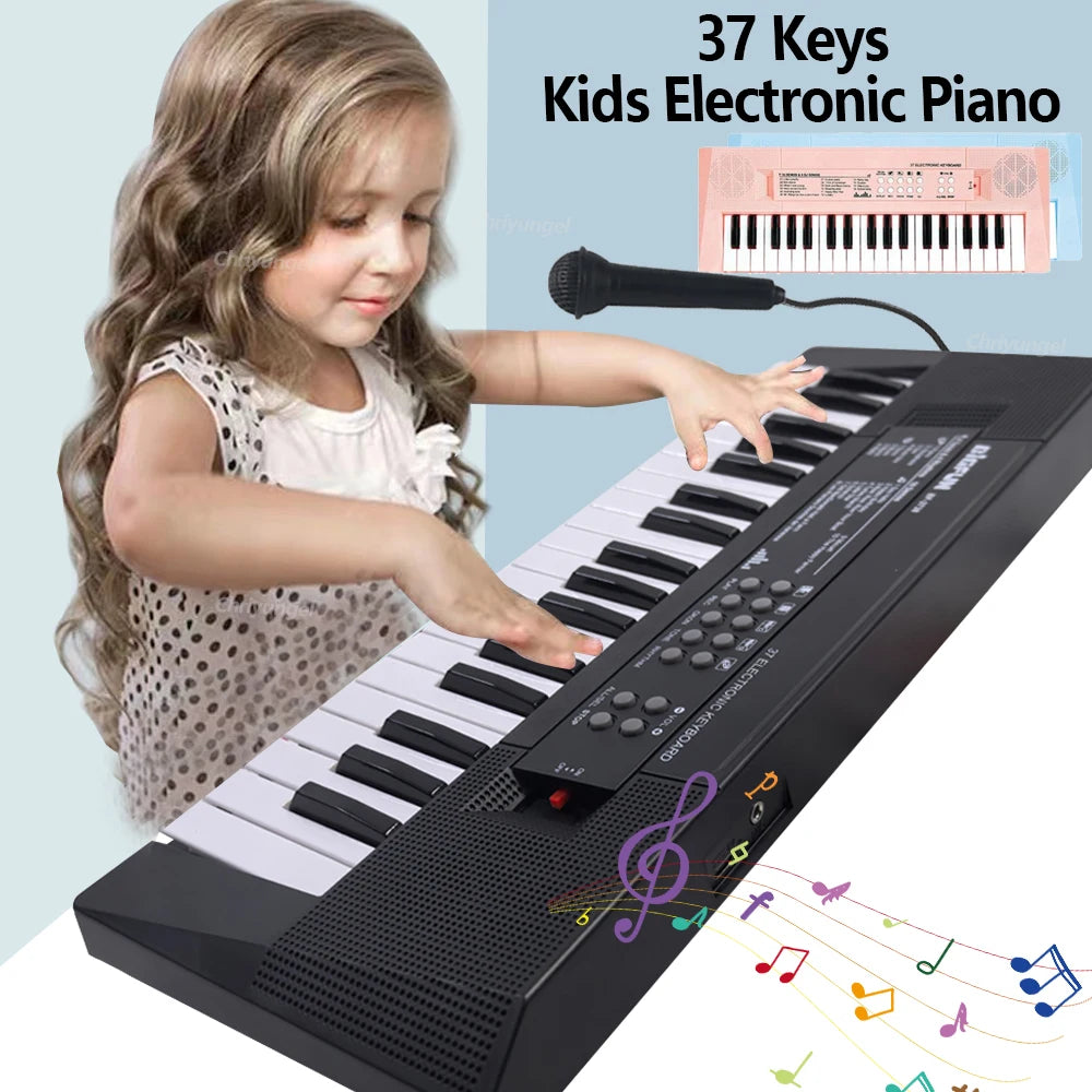 Front view of the 37-key electronic piano keyboard showing all mini keys and control buttons for kids.