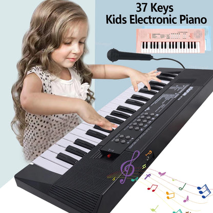 Front view of the 37-key electronic piano keyboard showing all mini keys and control buttons for kids.
