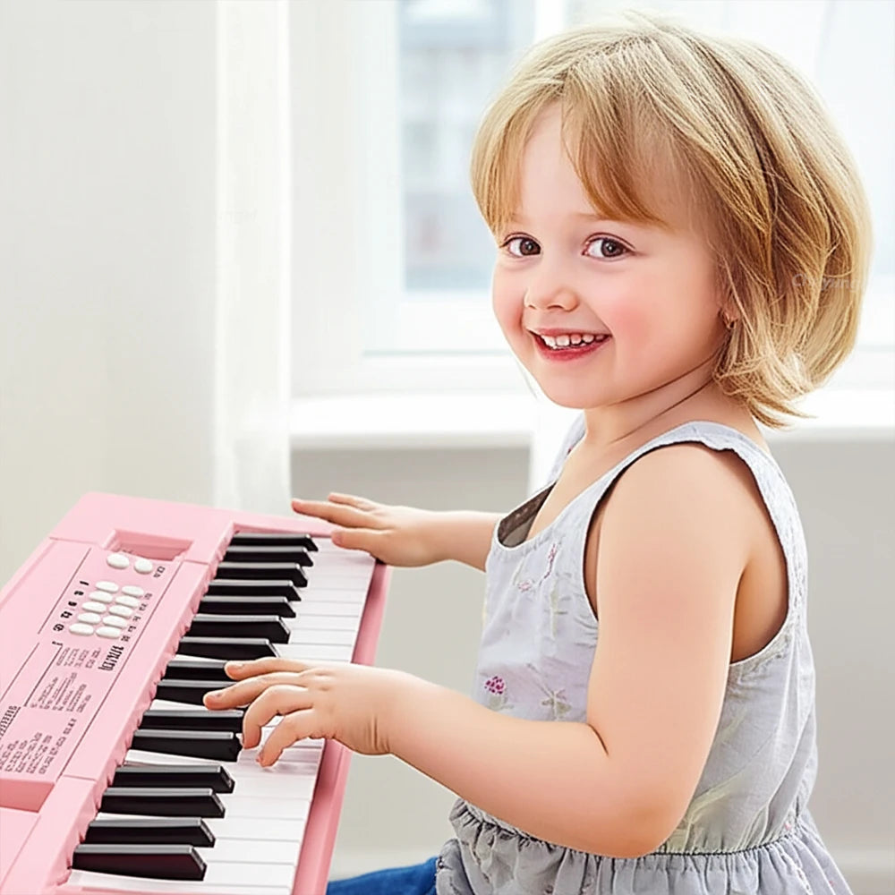 The 37-key electronic keyboard placed on a table/surface, ready for a child to play comfortably.