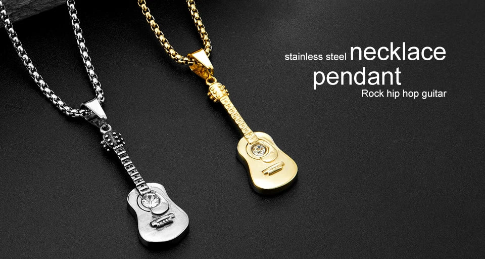 Punk Guitar Shape pendant necklace Stainless Steel Men or Women Necklaces Jewelry Hiphop Rock Slide Music Element sweater Chains