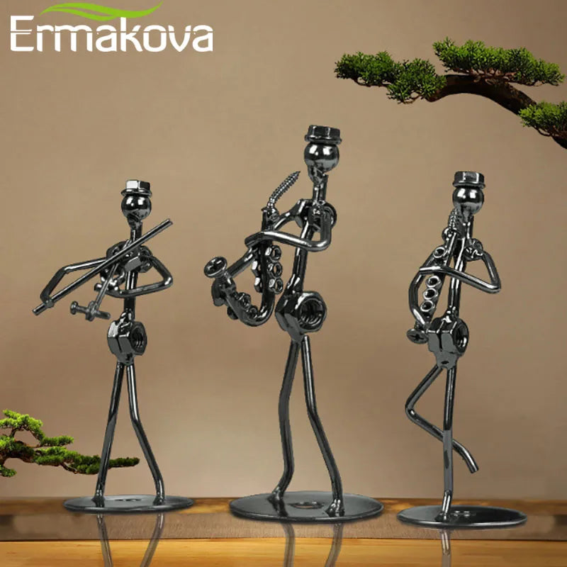 ERMAKOVA 13cm Retro Iron Sculpture Band Instrument Musician Figure Doll Model Crafts Ornaments Home Decoration Accessories Gift