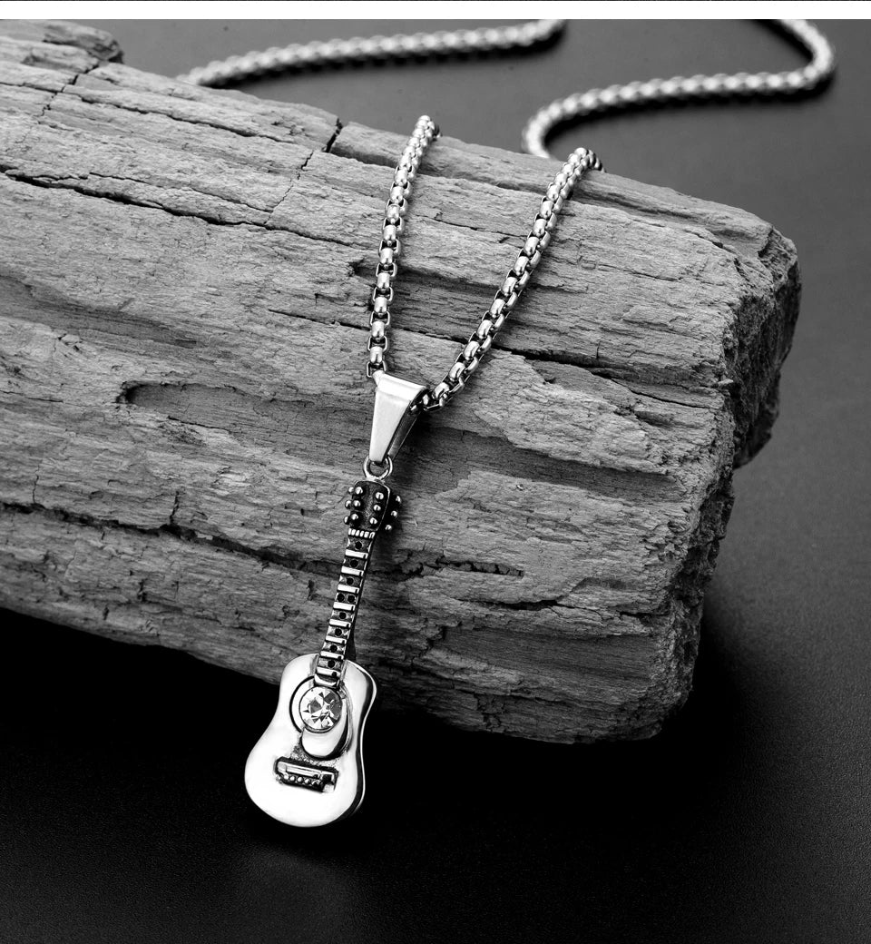 Punk Guitar Shape pendant necklace Stainless Steel Men or Women Necklaces Jewelry Hiphop Rock Slide Music Element sweater Chains