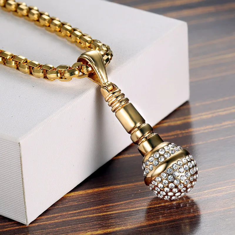Hip Hop Iced Out Bling Microphone Pendants Necklace For Women/Men Stainless Steel Chain Hiphop Rapper Music Jewelry Dropshipping