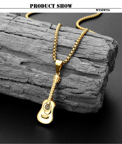 Punk Guitar Shape pendant necklace Stainless Steel Men or Women Necklaces Jewelry Hiphop Rock Slide Music Element sweater Chains