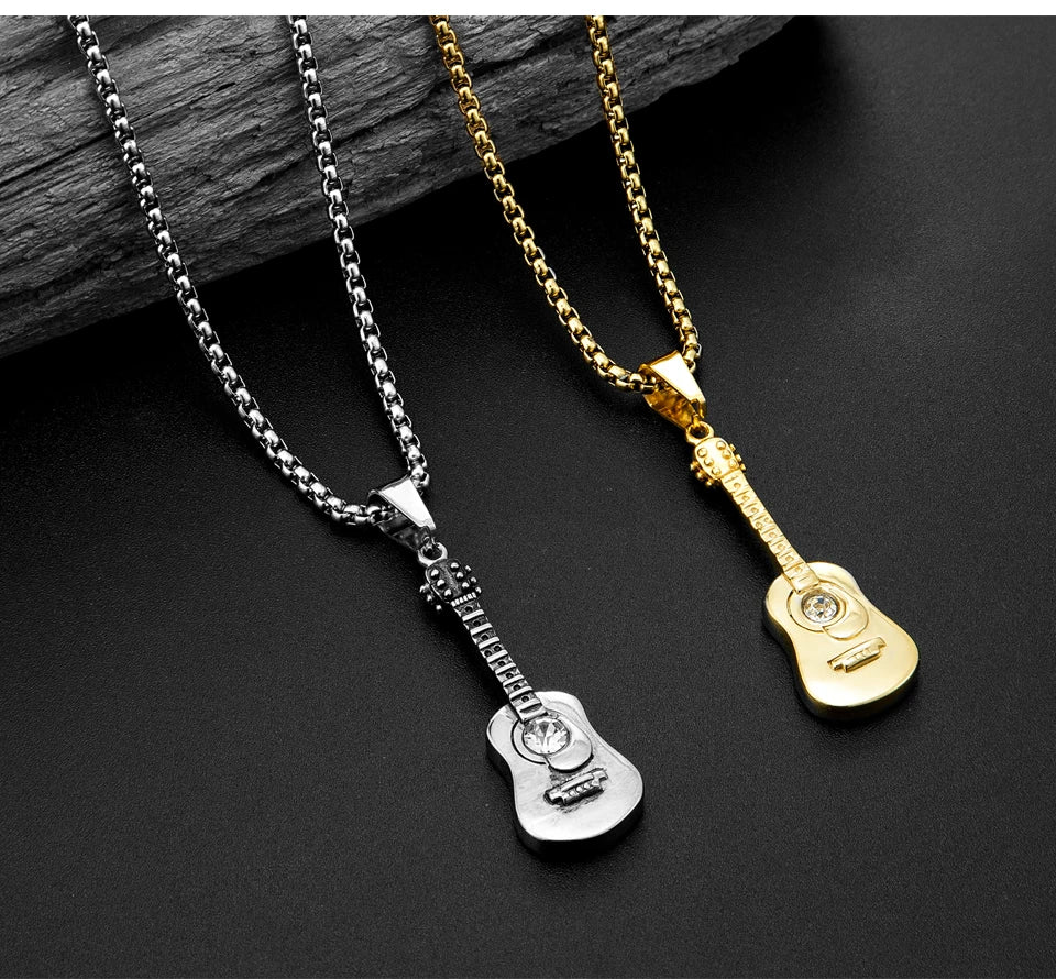 Punk Guitar Shape pendant necklace Stainless Steel Men or Women Necklaces Jewelry Hiphop Rock Slide Music Element sweater Chains