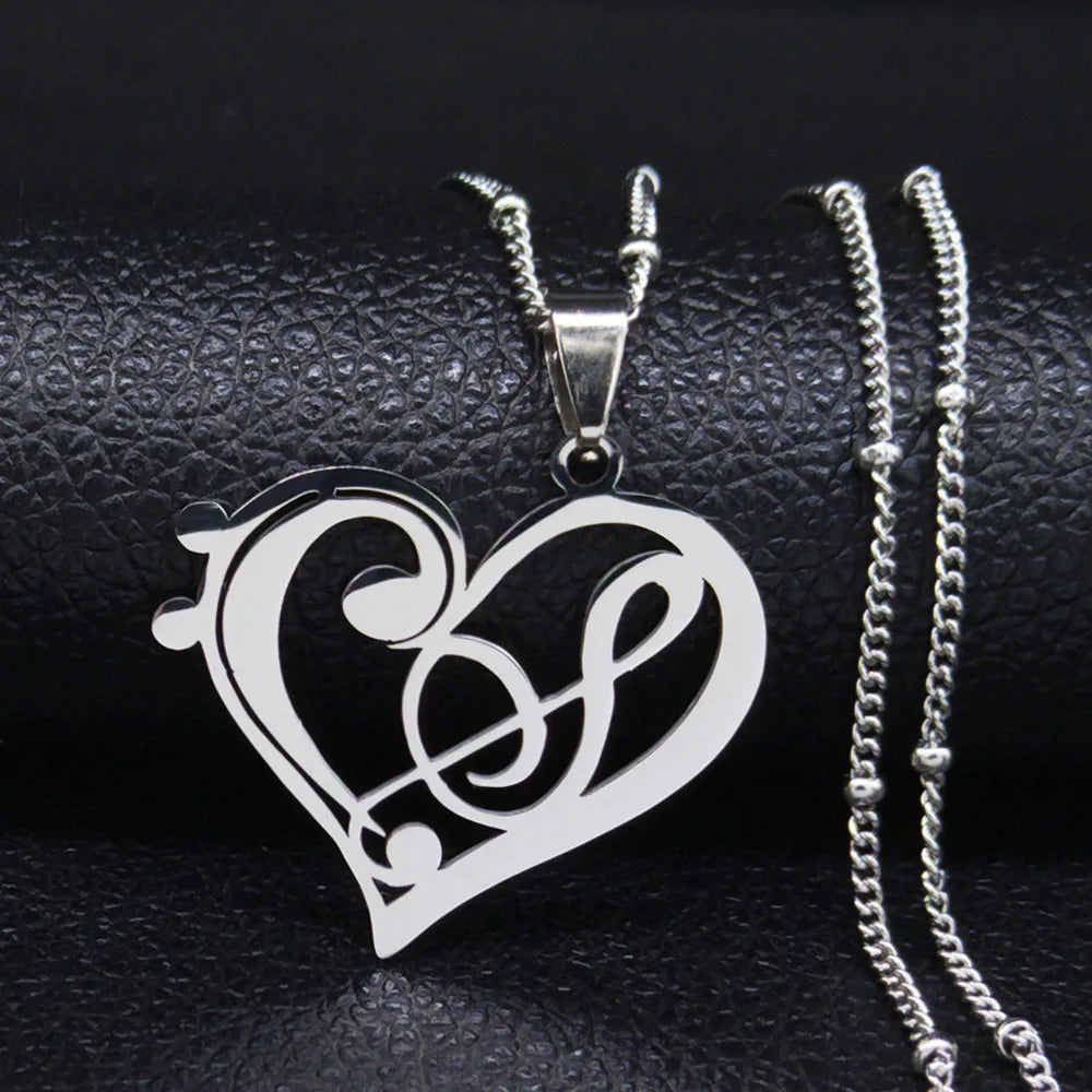 Aesthetic Heart-Music Note Treble Clef Necklace – Stainless Steel Unisex Pendant