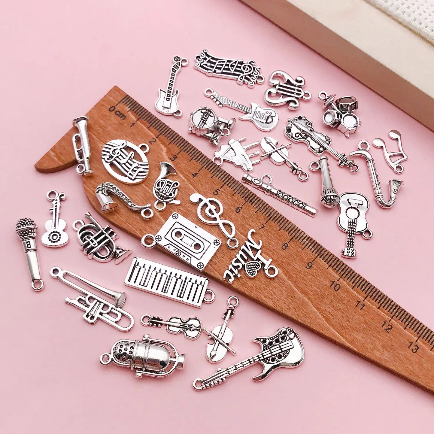 10-Piece Silver Music Instrument Charms – Guitar, Microphone & Note Pendants for DIY Jewelry