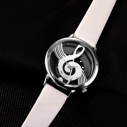 Music Shape Watch Round Dial Elegant Black White Leather Casual Watches Hollow Style Women Fashion Wristwatch