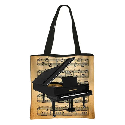 Music Notes Print Tote Bag Musical Instrument Handbag Guitar Violin/Violoncello/Piano Shoulder Bag BookBag Day Bag Shopping Bag