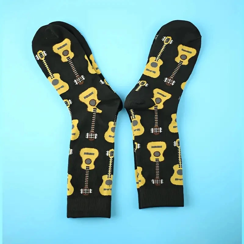 1 Pair Men Guitar Printed Mid Tube Socks Fashionable Versatile Cartoon Round Neck Soft Comfortable Breathable Casual Socks