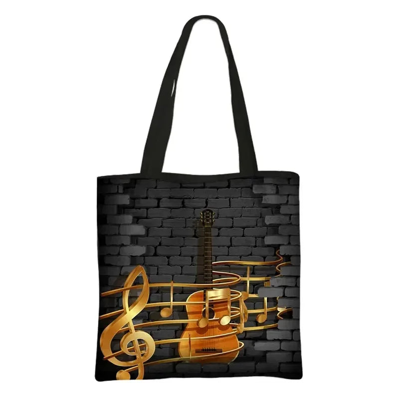 Music Notes Print Tote Bag Musical Instrument Handbag Guitar Violin/Violoncello/Piano Shoulder Bag BookBag Day Bag Shopping Bag