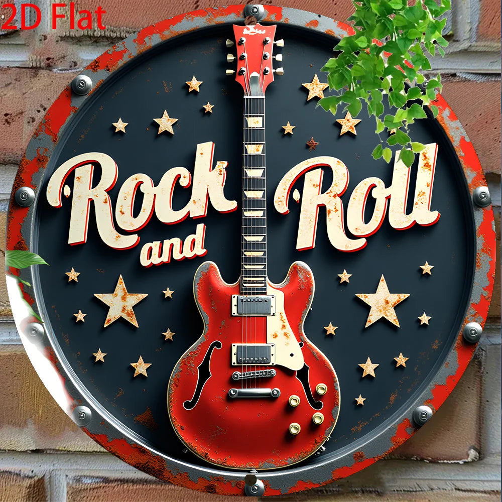 2D Flat - 1pc Retro Rock 'n' Roll Aluminum Tin Sign Wall Art - 8x8 Inch Vintage Round Metal Plaque with Red Electric Guitar & St