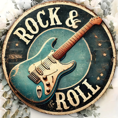 Rock & Roll Guitar Themed Aluminum Metal Tin Sign , Foil Engraved Wall Art Decor - For Home Office - Ideal for Living Room, Bar