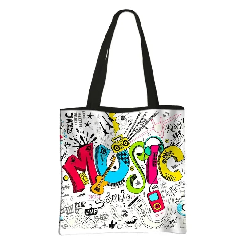 Music Notes Print Tote Bag Musical Instrument Handbag Guitar Violin/Violoncello/Piano Shoulder Bag BookBag Day Bag Shopping Bag