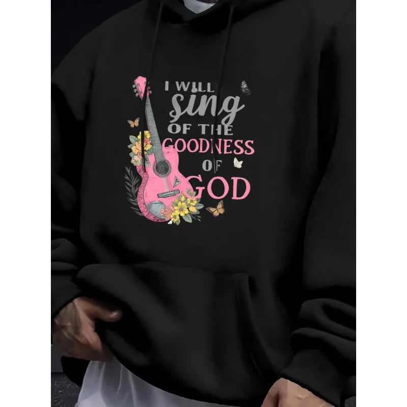 Men's Hoodie Black I Will Sing of the Goodness of God Guitar Floral Print High Quality Cotton Casual Daily Wear Workout Hoodies