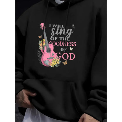 Men's Hoodie Black I Will Sing of the Goodness of God Guitar Floral Print High Quality Cotton Casual Daily Wear Workout Hoodies