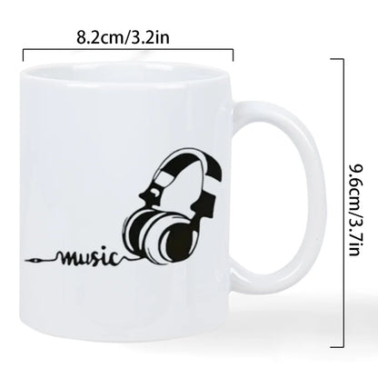 Music Lover's White Ceramic Mug with Headphones & Music Notes Design - Reusable Coffee Cup for Tea, Hot Chocolate - Hand Wash On