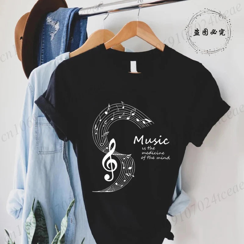 Summer Fashion Brand Women's T-shirt Clothing Music Note Print Tshirt Clothing Y2k Streetwear T Shirt Music Note Lover Tee Tops
