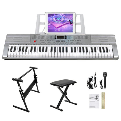 61 Key Lighting Keyboard with Piano Stand, Piano Bench, Built In Speakers, Headphone, Microphone, Music Rest, LED Screen