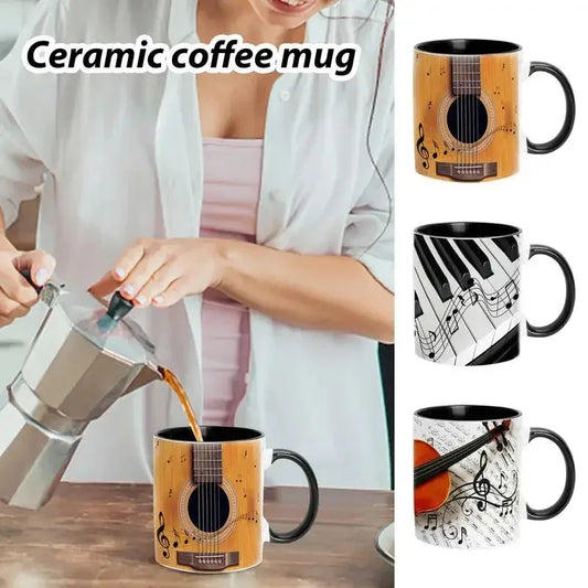 Music Theme Mug Coffee Mug Guitar Piano Violin Ceramic Cup Comfortable Handle Patterned Drinkware Home Office Desk Tea Cups