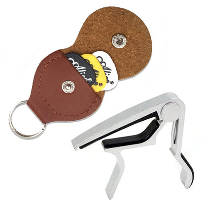 PU Leather Guitar Pick Bag + Alloy Capo & Metal Tuning Clip – Essential Guitar Accessory Kit