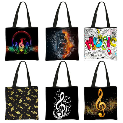 Music Notes Print Tote Bag Musical Instrument Handbag Guitar Violin/Violoncello/Piano Shoulder Bag BookBag Day Bag Shopping Bag
