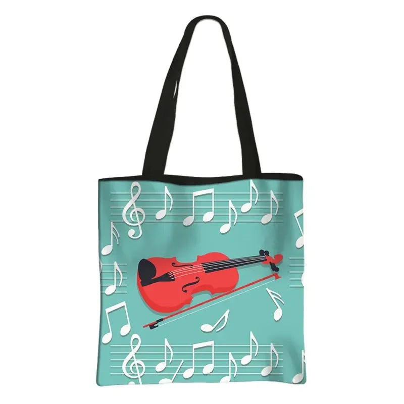 Music Notes Print Tote Bag Musical Instrument Handbag Guitar Violin/Violoncello/Piano Shoulder Bag BookBag Day Bag Shopping Bag
