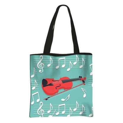Music Notes Print Tote Bag Musical Instrument Handbag Guitar Violin/Violoncello/Piano Shoulder Bag BookBag Day Bag Shopping Bag
