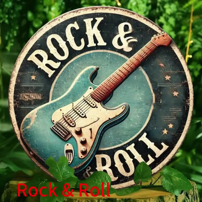 Rock & Roll Guitar Themed Aluminum Metal Tin Sign , Foil Engraved Wall Art Decor - For Home Office - Ideal for Living Room, Bar