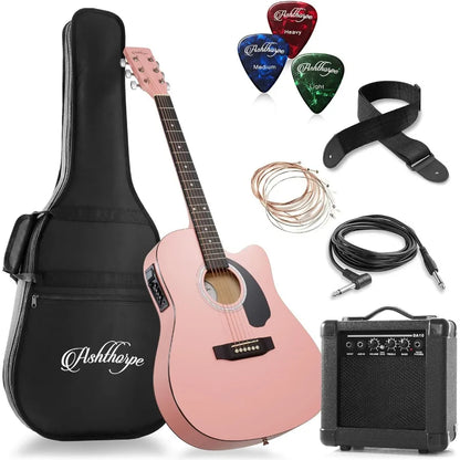 Full-Size Thinline Cutaway Acoustic Electric Guitar Package with 10 Watt Amp - Perfect for Live Performances Practice Sessions