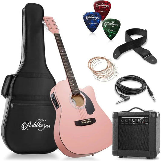 Full-Size Thinline Cutaway Acoustic Electric Guitar Package with 10 Watt Amp - Perfect for Live Performances Practice Sessions