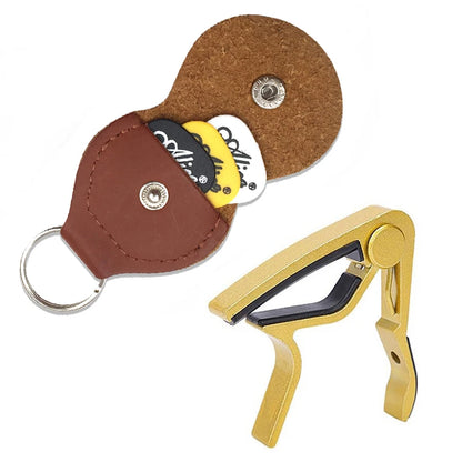 PU Leather Guitar Pick Bag + Alloy Capo & Metal Tuning Clip – Essential Guitar Accessory Kit