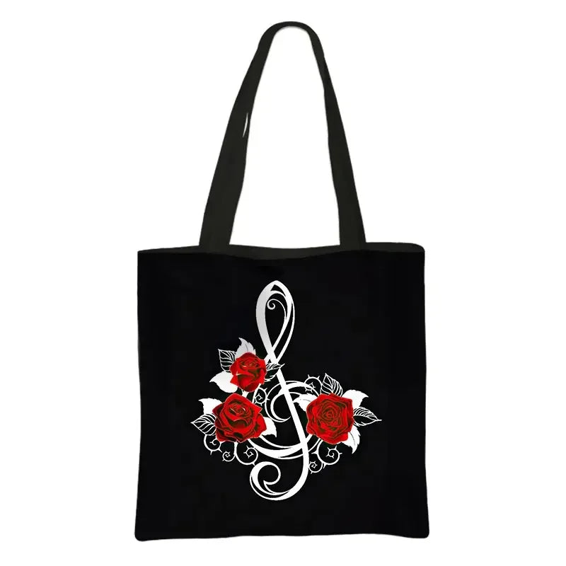 Music Notes Print Tote Bag Musical Instrument Handbag Guitar Violin/Violoncello/Piano Shoulder Bag BookBag Day Bag Shopping Bag