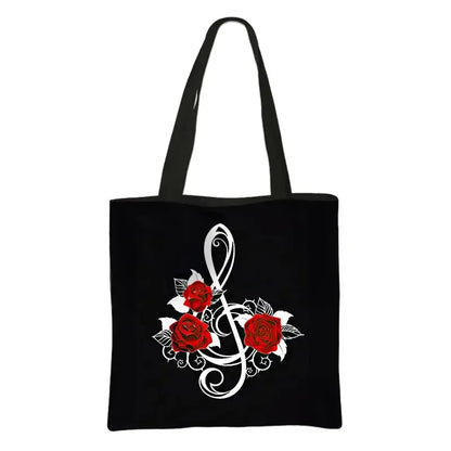 Music Notes Print Tote Bag Musical Instrument Handbag Guitar Violin/Violoncello/Piano Shoulder Bag BookBag Day Bag Shopping Bag