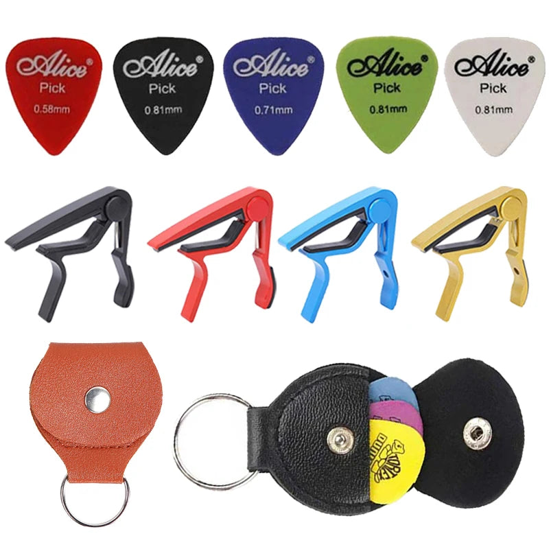 PU Leather Guitar Pick Bag + Alloy Capo & Metal Tuning Clip – Essential Guitar Accessory Kit