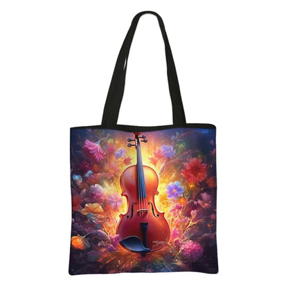 Music Notes Print Tote Bag Musical Instrument Handbag Guitar Violin/Violoncello/Piano Shoulder Bag BookBag Day Bag Shopping Bag