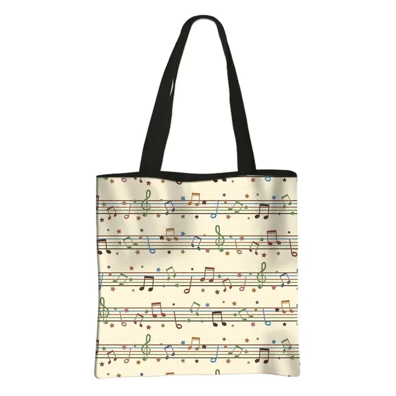 Music Notes Print Tote Bag Musical Instrument Handbag Guitar Violin/Violoncello/Piano Shoulder Bag BookBag Day Bag Shopping Bag
