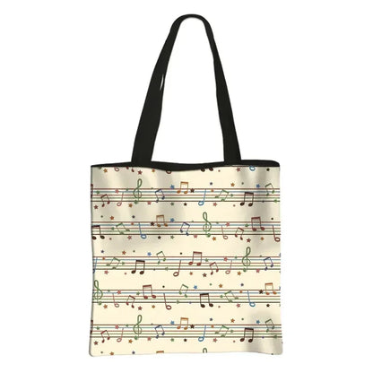Music Notes Print Tote Bag Musical Instrument Handbag Guitar Violin/Violoncello/Piano Shoulder Bag BookBag Day Bag Shopping Bag